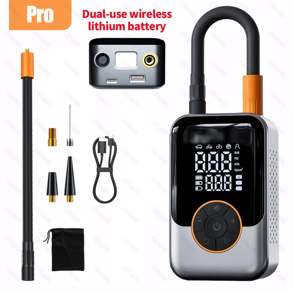 COMPRESSEUR D’AIR SANS FIL CENRR — 150 PSI • ÉCRAN LCD • RECHARGEABLE USB-C + ALLUME-CIGARE (Pro DC) • 3 MODES LUMIÈRE — IDÉAL VÉLO