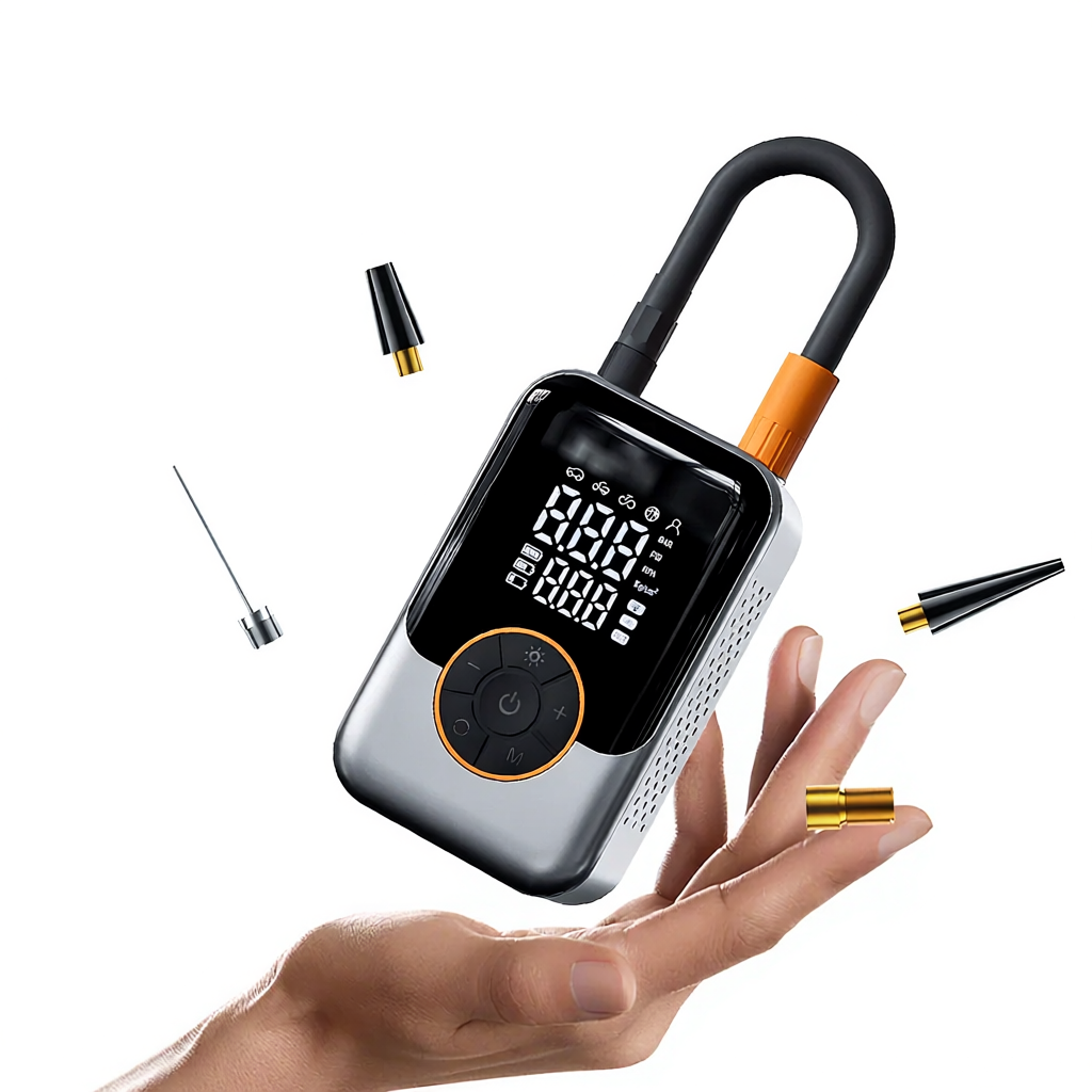 COMPRESSEUR D’AIR SANS FIL CENRR — 150 PSI • ÉCRAN LCD • RECHARGEABLE USB-C + ALLUME-CIGARE (Pro DC) • 3 MODES LUMIÈRE — IDÉAL VÉLO