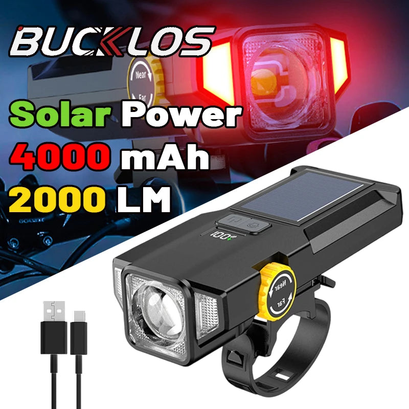Phare Vélo 2000LM + Zoom + 4000mAh — Recharge Solaire & USB — LED COB Latérale Rouge — Étanche IPX5 — Idéal VTT, Route & Cyclotourisme