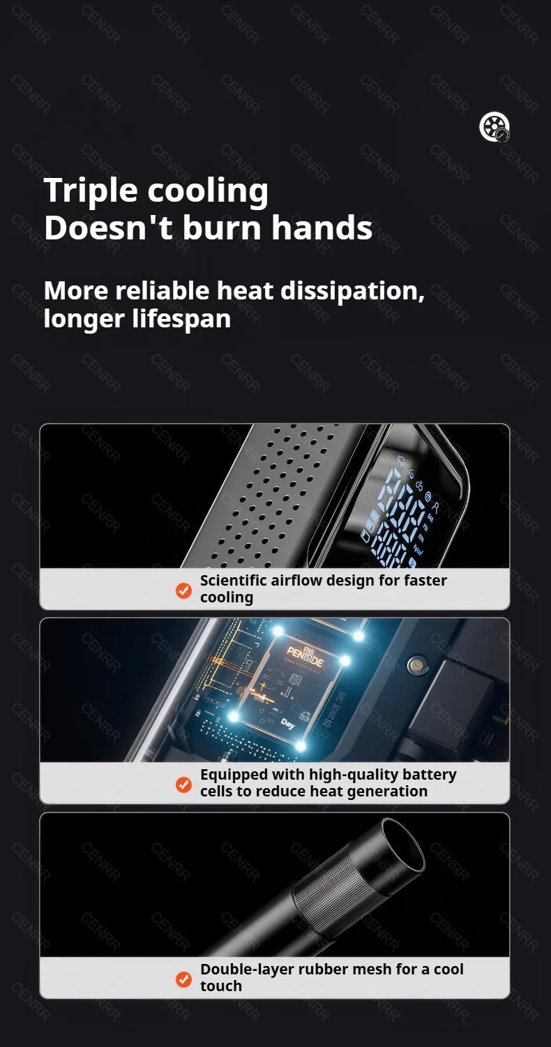 COMPRESSEUR D’AIR SANS FIL CENRR — 150 PSI • ÉCRAN LCD • RECHARGEABLE USB-C + ALLUME-CIGARE (Pro DC) • 3 MODES LUMIÈRE — IDÉAL VÉLO