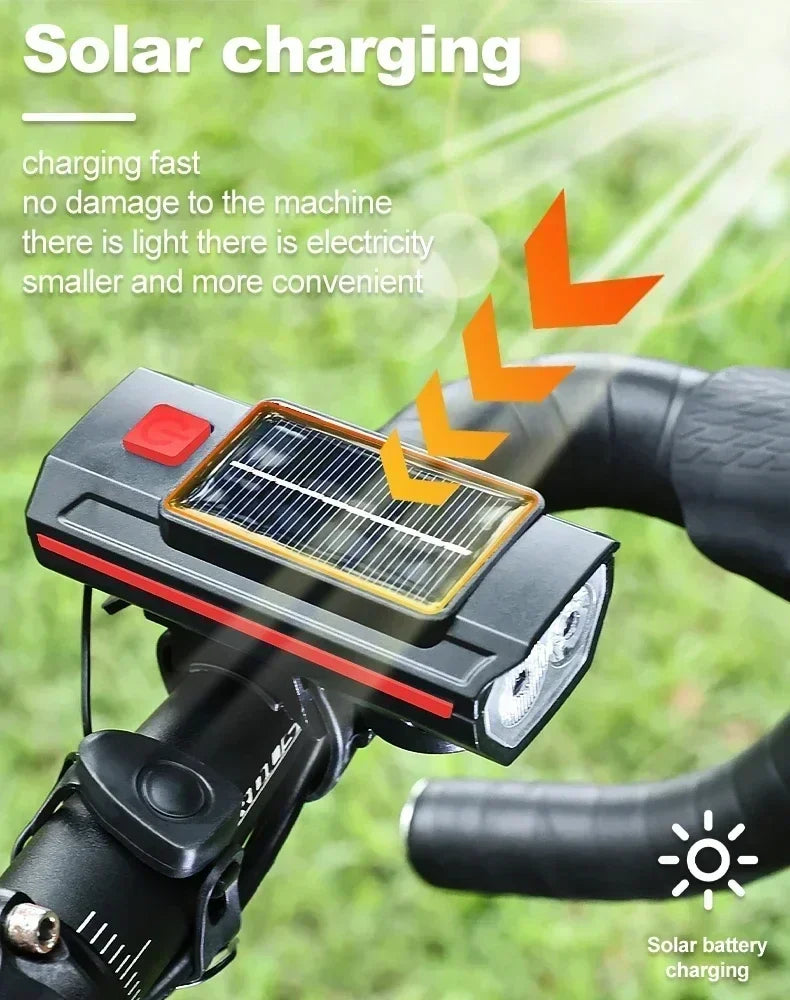 Phare Vélo 2000LM + Zoom + 4000mAh — Recharge Solaire & USB — LED COB Latérale Rouge — Étanche IPX5 — Idéal VTT, Route & Cyclotourisme