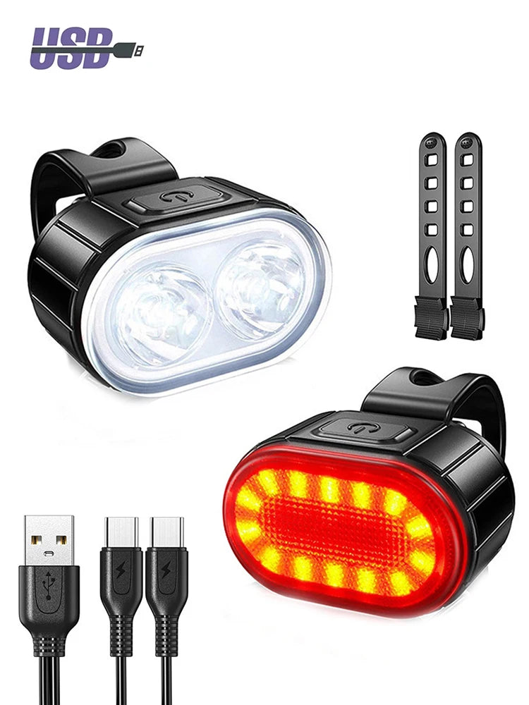 Kit Feux Vélo LED Rechargeables USB — Avant & Arrière — IPX5 Étanche, 6 Modes, 12h Autonomie — Idéal VTT, Route, Ville & Promenade de Chien