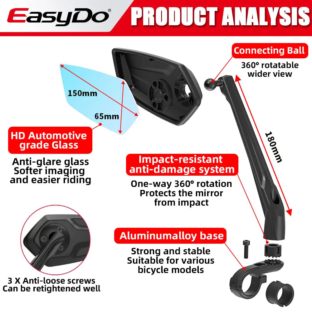 Rétroviseur Vélo EasyDo — Bleu, Réglable 360° — Verre Large Anti-Angle Mort — Compatible Vélo & Moto Légère — Installation Rapide sur Guidon