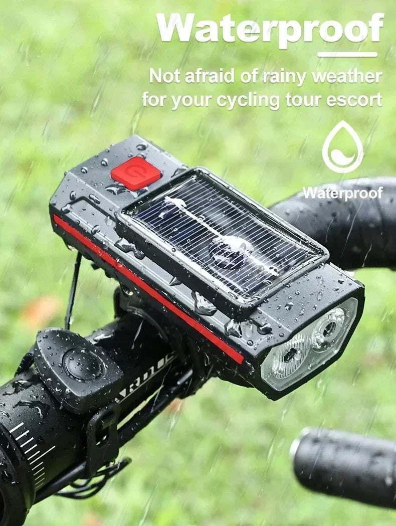 Phare Vélo 2000LM + Zoom + 4000mAh — Recharge Solaire & USB — LED COB Latérale Rouge — Étanche IPX5 — Idéal VTT, Route & Cyclotourisme
