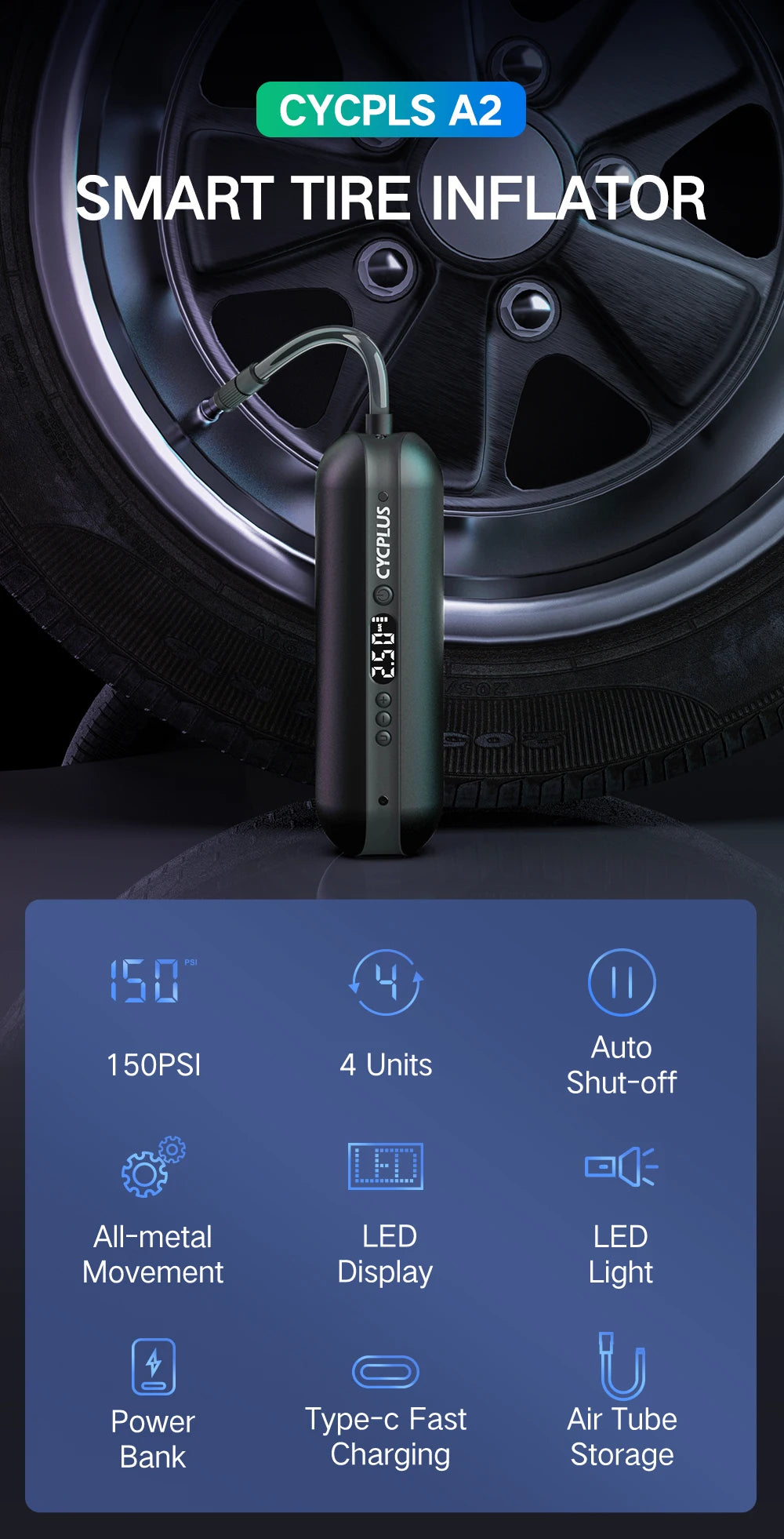 COMPRESSEUR D’AIR INTELLIGENT CYCPLUS A2 — 150 PSI • ÉCRAN DIGITAL • BATTERIE 5200mAh • RECHARGE USB-C — IDÉAL VÉLO • VOITURE • MOTO • BALLONS