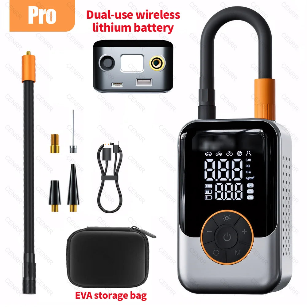 COMPRESSEUR D’AIR SANS FIL CENRR — 150 PSI • ÉCRAN LCD • RECHARGEABLE USB-C + ALLUME-CIGARE (Pro DC) • 3 MODES LUMIÈRE — IDÉAL VÉLO