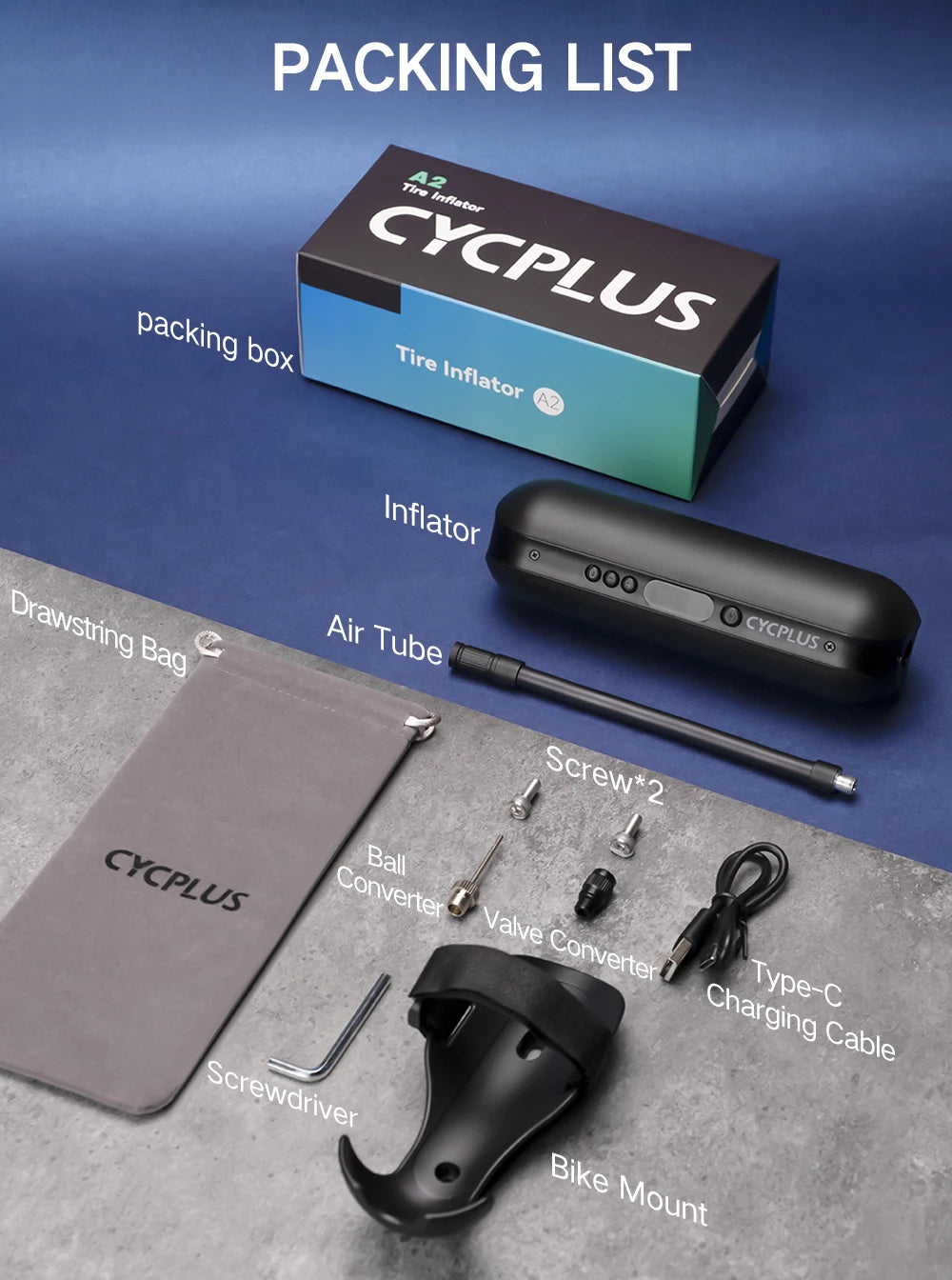COMPRESSEUR D’AIR INTELLIGENT CYCPLUS A2 — 150 PSI • ÉCRAN DIGITAL • BATTERIE 5200mAh • RECHARGE USB-C — IDÉAL VÉLO • VOITURE • MOTO • BALLONS