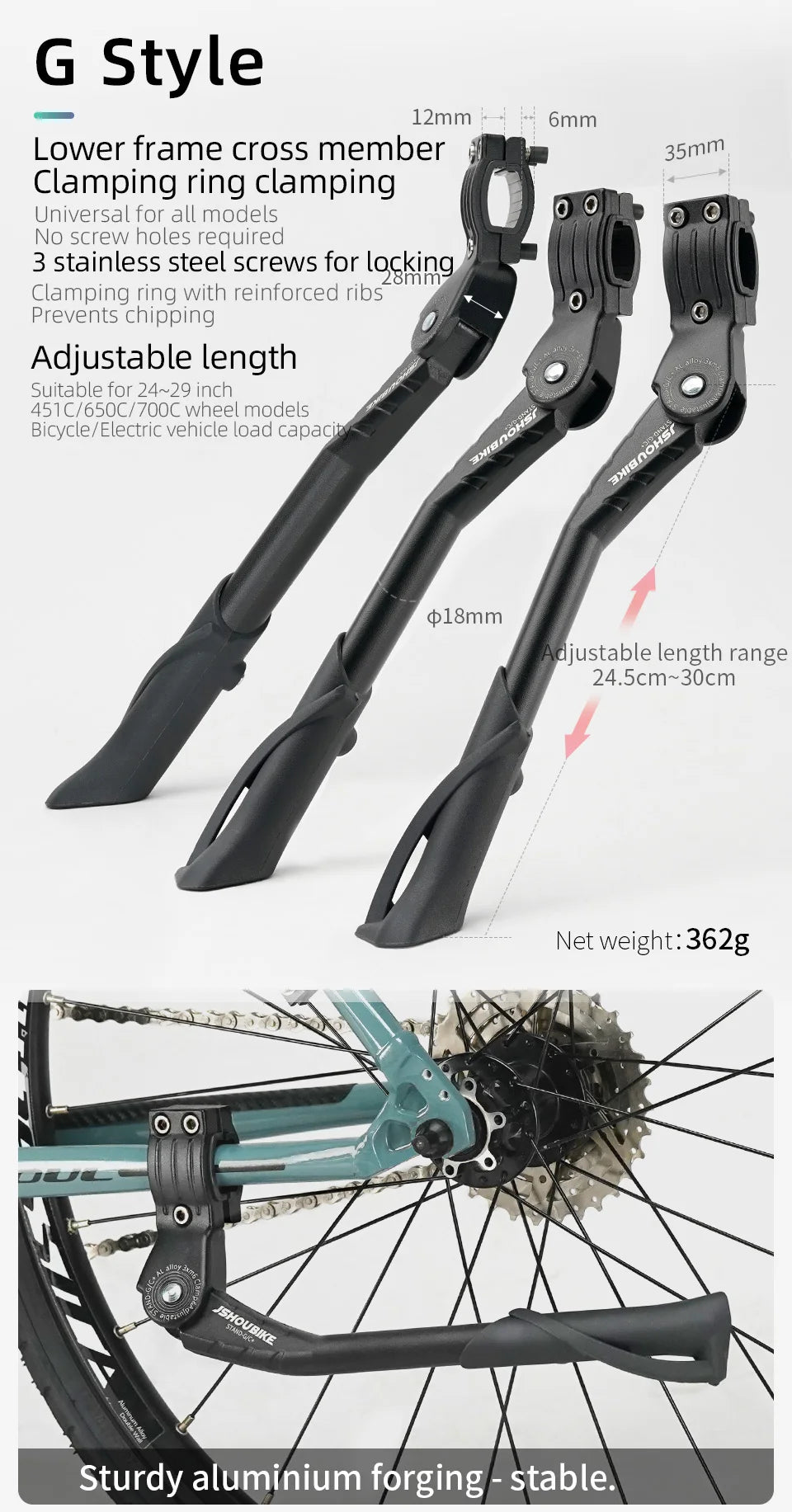 Béquille Vélo JSHOUBIKE — Réglable 24-29” — Alliage Aluminium Léger & Solide — Compatible VTT, VAE, Pliant, Neige — Installation Facile