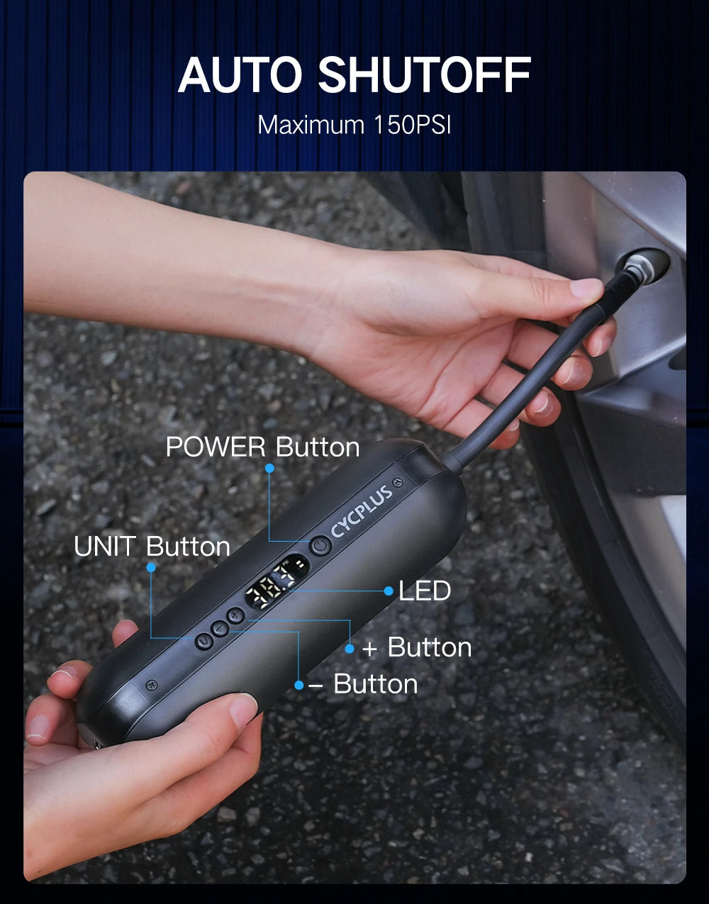 COMPRESSEUR D’AIR INTELLIGENT CYCPLUS A2 — 150 PSI • ÉCRAN DIGITAL • BATTERIE 5200mAh • RECHARGE USB-C — IDÉAL VÉLO • VOITURE • MOTO • BALLONS