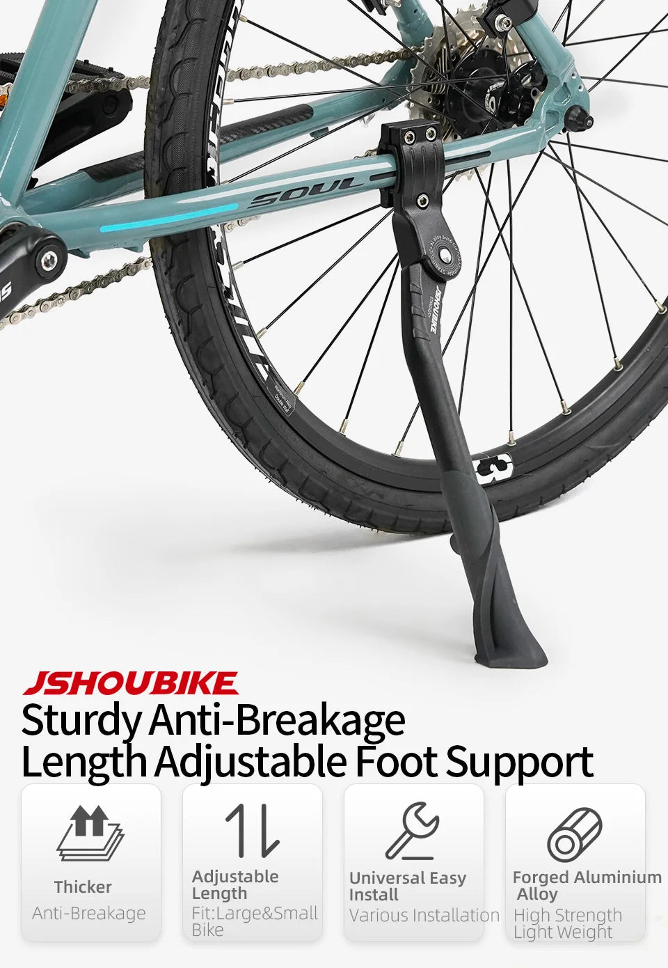 Béquille Vélo JSHOUBIKE — Réglable 24-29” — Alliage Aluminium Léger & Solide — Compatible VTT, VAE, Pliant, Neige — Installation Facile