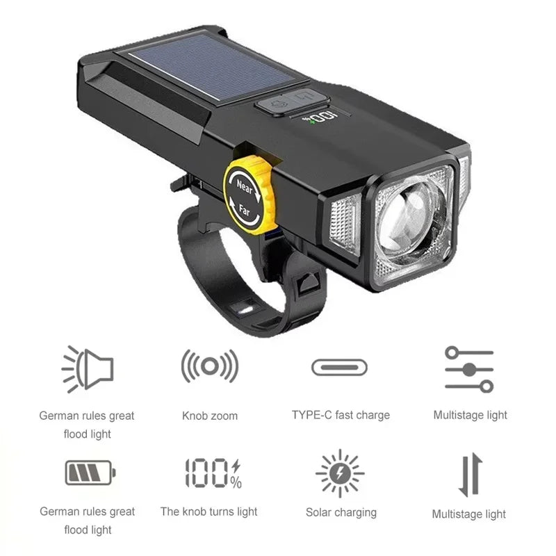 Phare Vélo 2000LM + Zoom + 4000mAh — Recharge Solaire & USB — LED COB Latérale Rouge — Étanche IPX5 — Idéal VTT, Route & Cyclotourisme