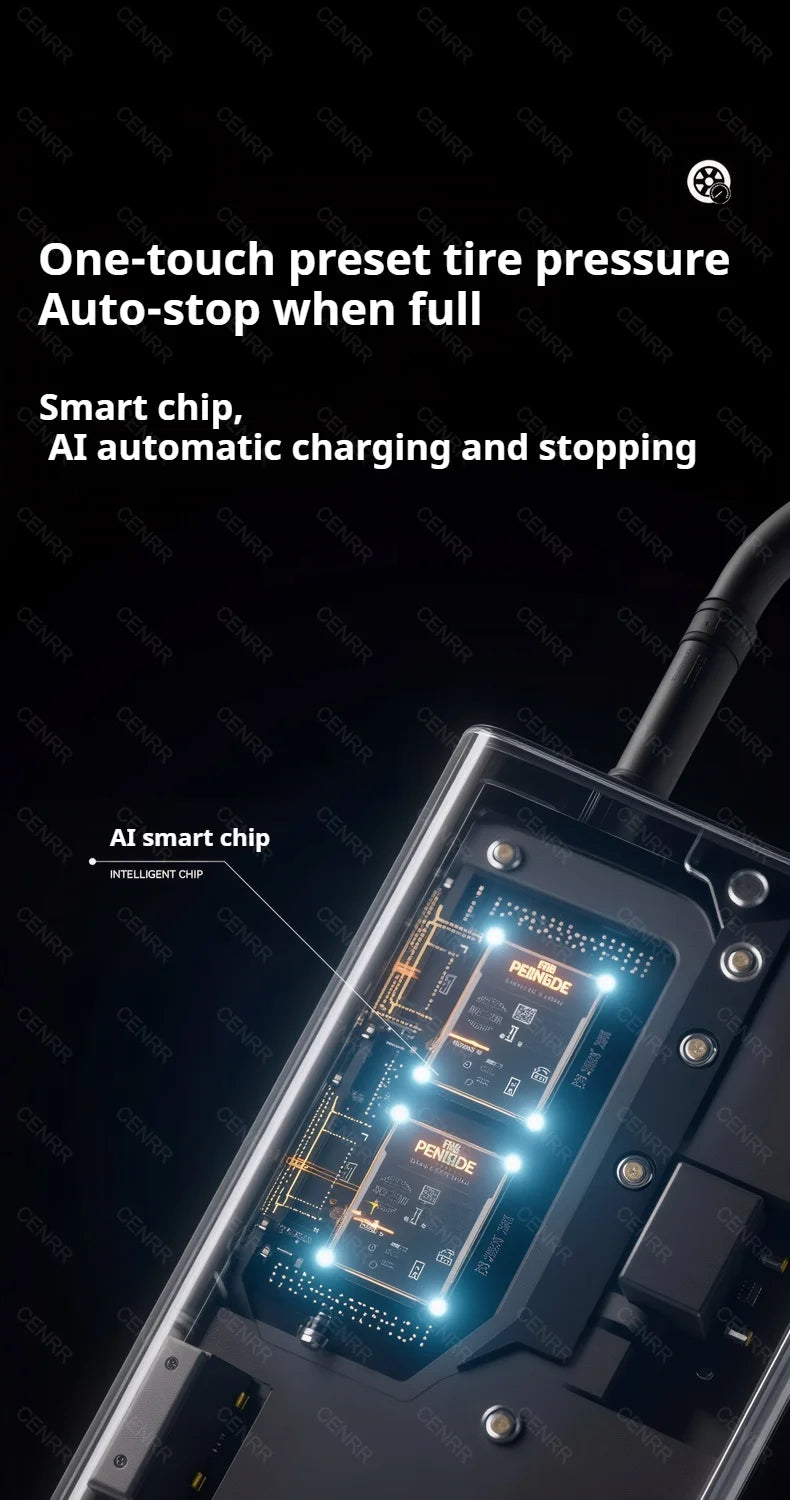 COMPRESSEUR D’AIR SANS FIL CENRR — 150 PSI • ÉCRAN LCD • RECHARGEABLE USB-C + ALLUME-CIGARE (Pro DC) • 3 MODES LUMIÈRE — IDÉAL VÉLO