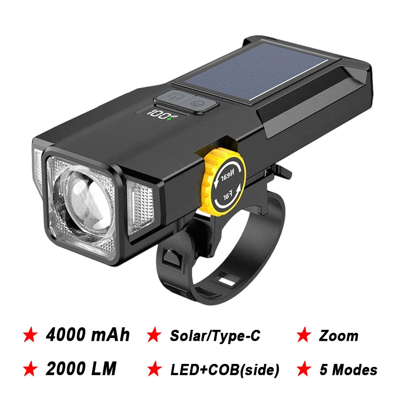 Phare Vélo 2000LM + Zoom + 4000mAh — Recharge Solaire & USB — LED COB Latérale Rouge — Étanche IPX5 — Idéal VTT, Route & Cyclotourisme
