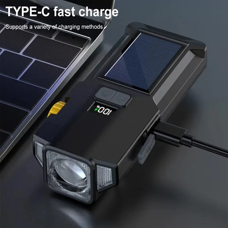 Phare Vélo 2000LM + Zoom + 4000mAh — Recharge Solaire & USB — LED COB Latérale Rouge — Étanche IPX5 — Idéal VTT, Route & Cyclotourisme