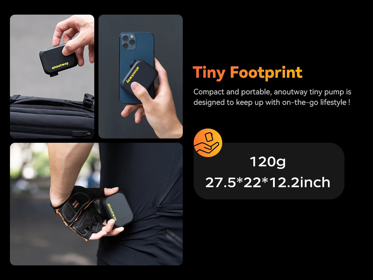 MINI POMPE ÉLECTRIQUE anoutway AT1 Pro — 120 PSI • ÉCRAN DIGITAL • RECHARGE RAPIDE 25 MIN • 450mAh — ULTRA-LÉGÈRE 125g — IDÉALE VÉLO ROUTE • VTT • URBAIN