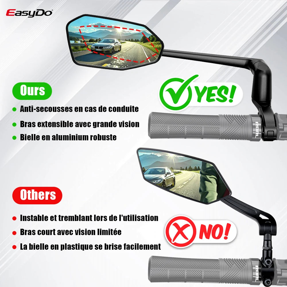 Rétroviseur Vélo EasyDo — Bras Télescopique 360° Rotatif — Compatible VTT, Route, VAE — Installation Rapide sur Guidon — Vision Arrière Sécurisée