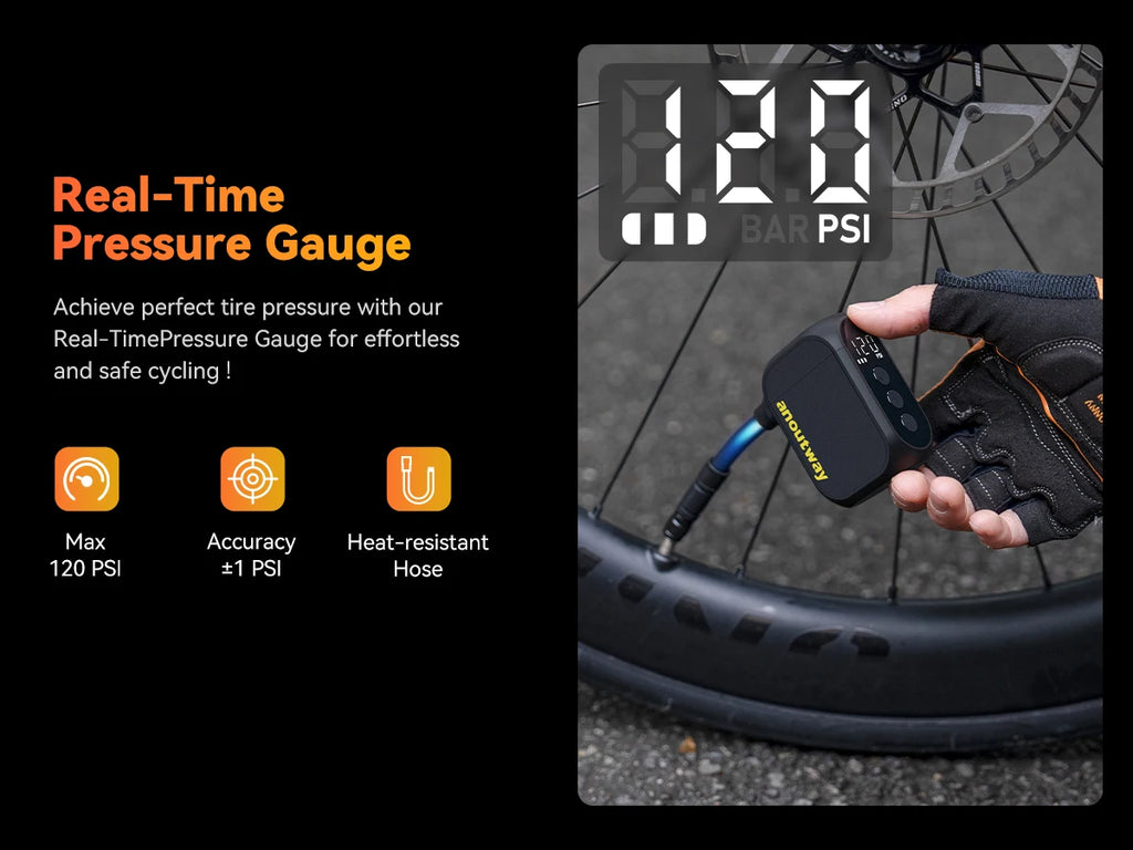 MINI POMPE ÉLECTRIQUE anoutway AT1 Pro — 120 PSI • ÉCRAN DIGITAL • RECHARGE RAPIDE 25 MIN • 450mAh — ULTRA-LÉGÈRE 125g — IDÉALE VÉLO ROUTE • VTT • URBAIN