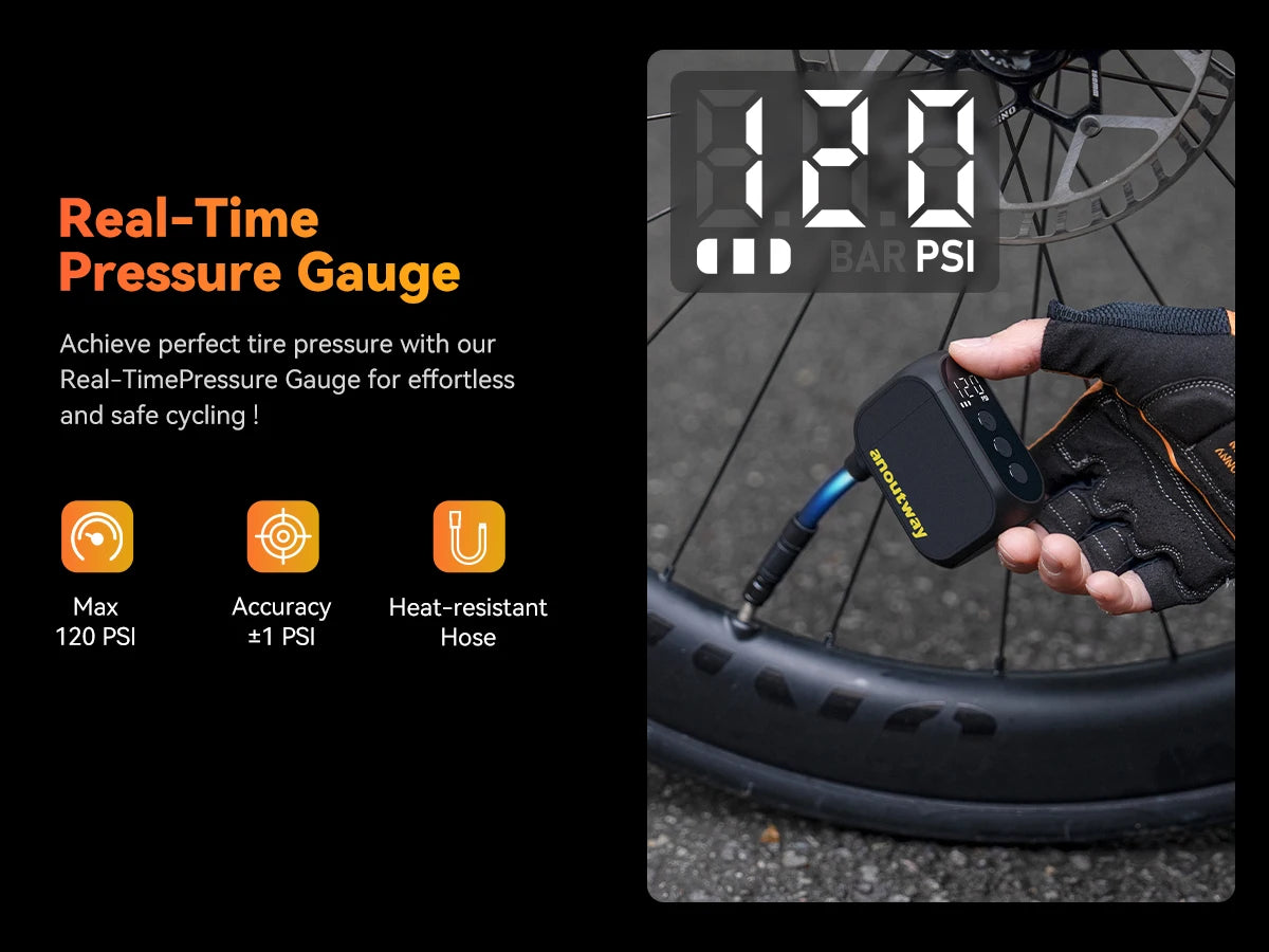 MINI POMPE ÉLECTRIQUE anoutway AT1 Pro — 120 PSI • ÉCRAN DIGITAL • RECHARGE RAPIDE 25 MIN • 450mAh — ULTRA-LÉGÈRE 125g — IDÉALE VÉLO ROUTE • VTT • URBAIN