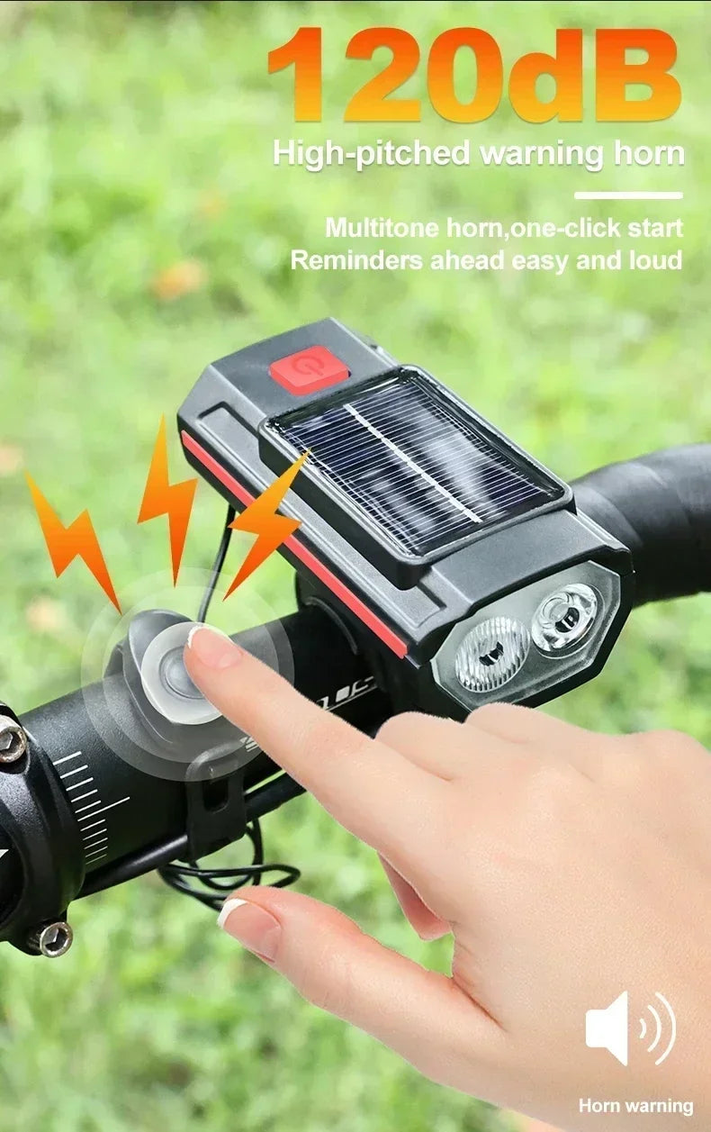 Phare Vélo 2000LM + Zoom + 4000mAh — Recharge Solaire & USB — LED COB Latérale Rouge — Étanche IPX5 — Idéal VTT, Route & Cyclotourisme