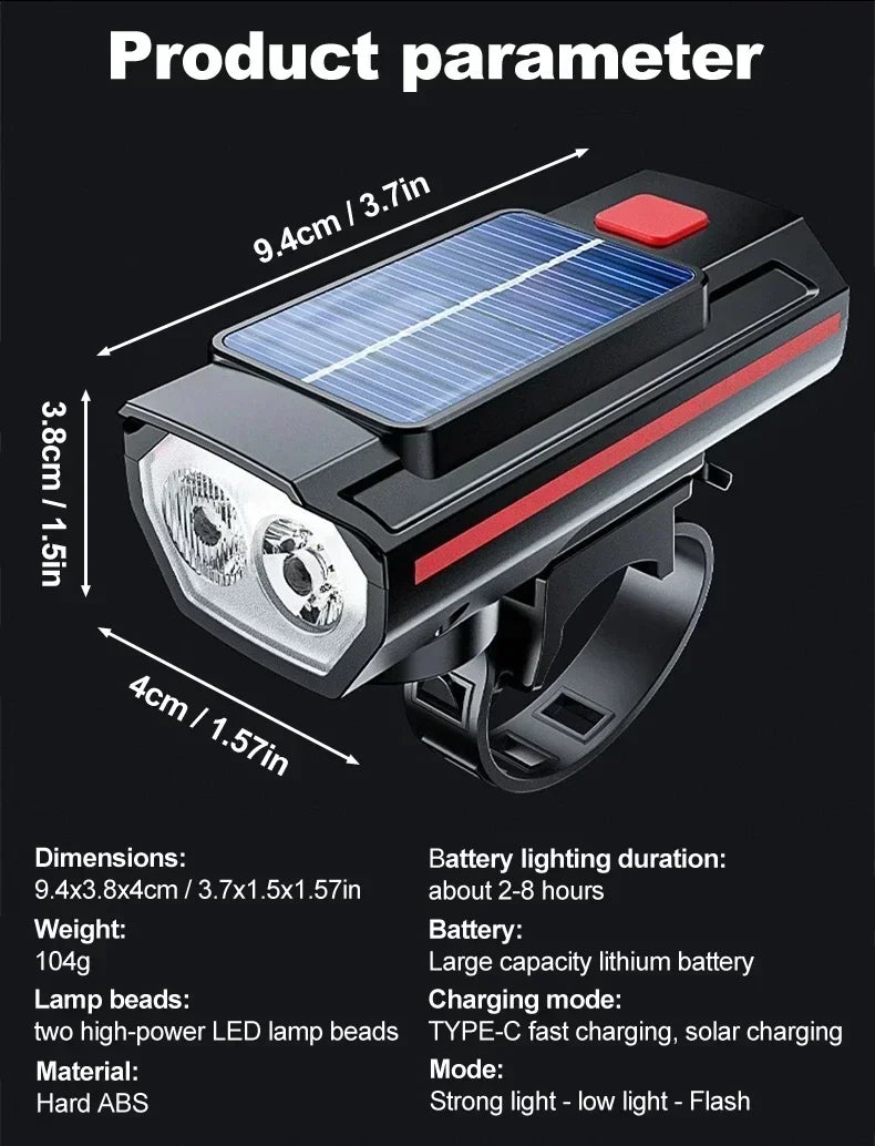 Phare Vélo 2000LM + Zoom + 4000mAh — Recharge Solaire & USB — LED COB Latérale Rouge — Étanche IPX5 — Idéal VTT, Route & Cyclotourisme