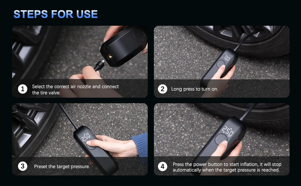 COMPRESSEUR D’AIR INTELLIGENT CYCPLUS A2 — 150 PSI • ÉCRAN DIGITAL • BATTERIE 5200mAh • RECHARGE USB-C — IDÉAL VÉLO • VOITURE • MOTO • BALLONS
