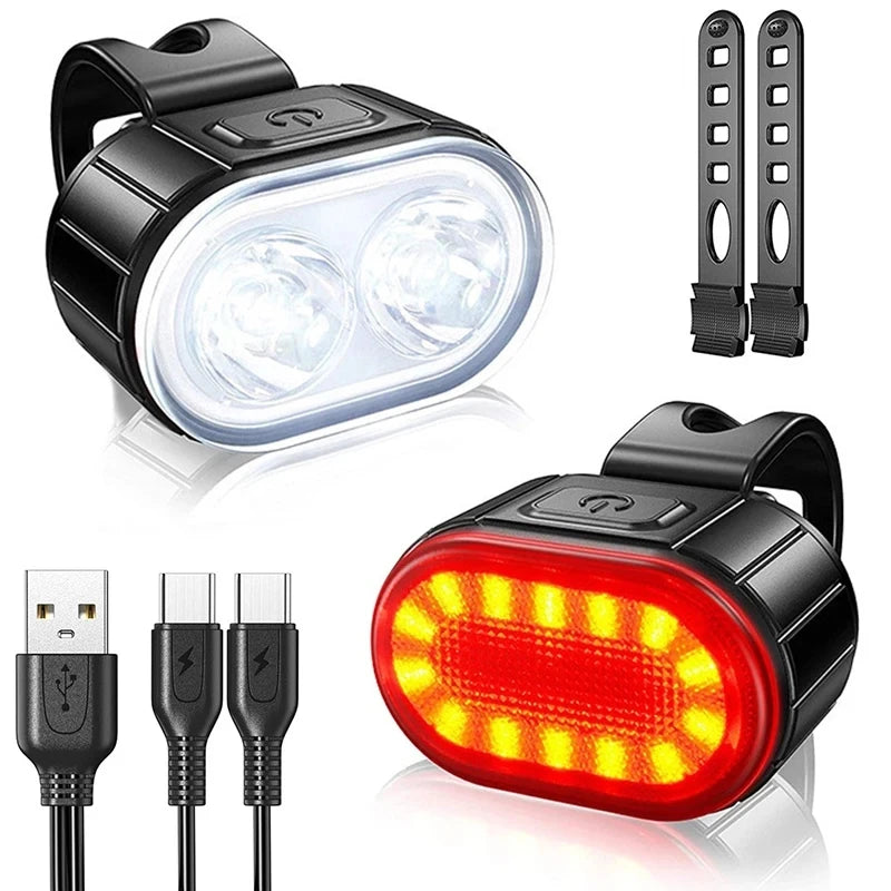 Kit Feux Vélo LED Rechargeables USB — Avant & Arrière — IPX5 Étanche, 6 Modes, 12h Autonomie — Idéal VTT, Route, Ville & Promenade de Chien