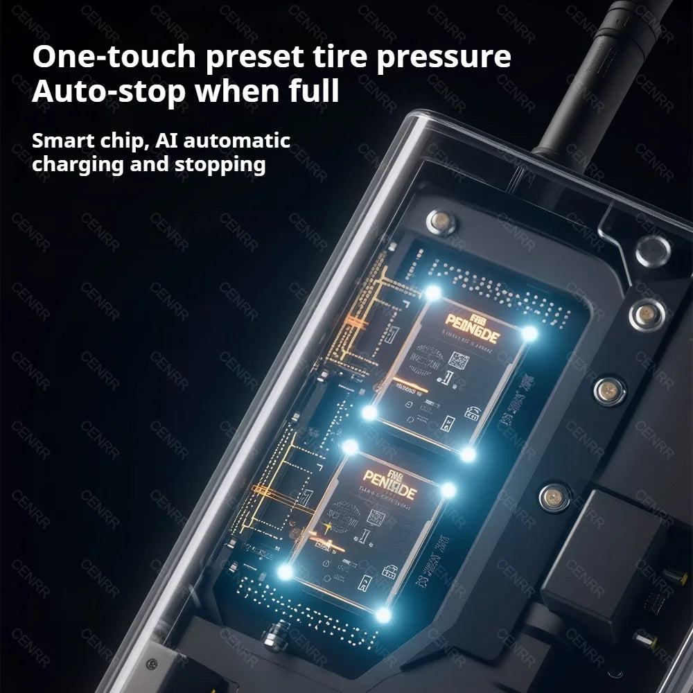 COMPRESSEUR D’AIR SANS FIL CENRR — 150 PSI • ÉCRAN LCD • RECHARGEABLE USB-C + ALLUME-CIGARE (Pro DC) • 3 MODES LUMIÈRE — IDÉAL VÉLO