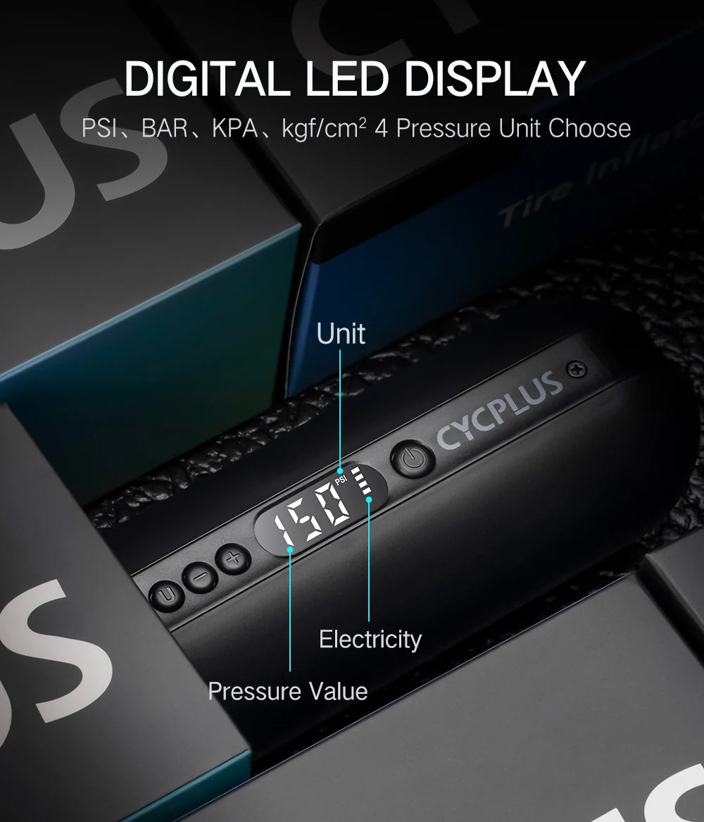 COMPRESSEUR D’AIR INTELLIGENT CYCPLUS A2 — 150 PSI • ÉCRAN DIGITAL • BATTERIE 5200mAh • RECHARGE USB-C — IDÉAL VÉLO • VOITURE • MOTO • BALLONS