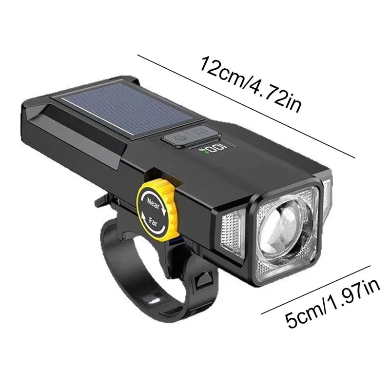 Phare Vélo 2000LM + Zoom + 4000mAh — Recharge Solaire & USB — LED COB Latérale Rouge — Étanche IPX5 — Idéal VTT, Route & Cyclotourisme
