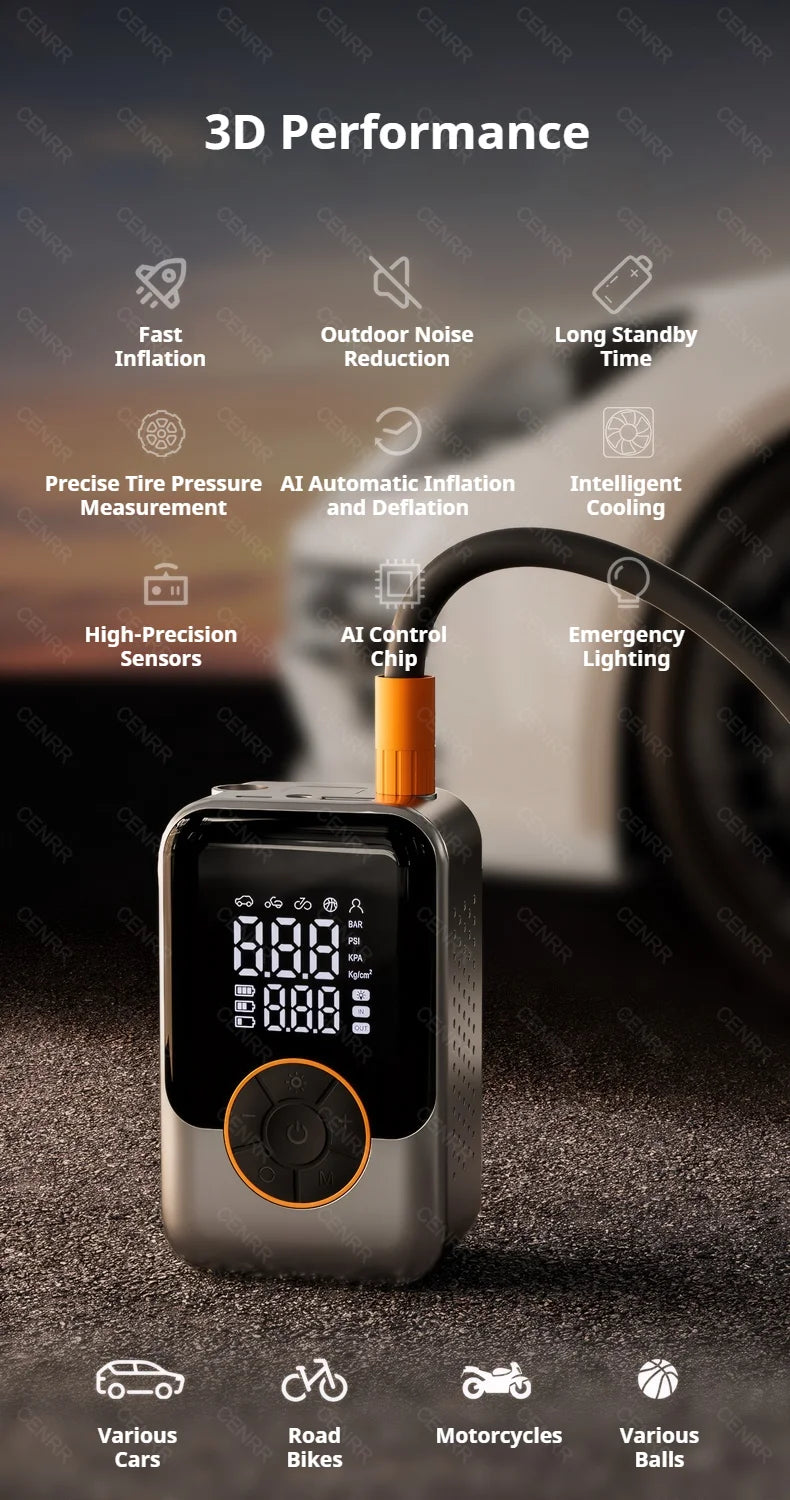 COMPRESSEUR D’AIR SANS FIL CENRR — 150 PSI • ÉCRAN LCD • RECHARGEABLE USB-C + ALLUME-CIGARE (Pro DC) • 3 MODES LUMIÈRE — IDÉAL VÉLO