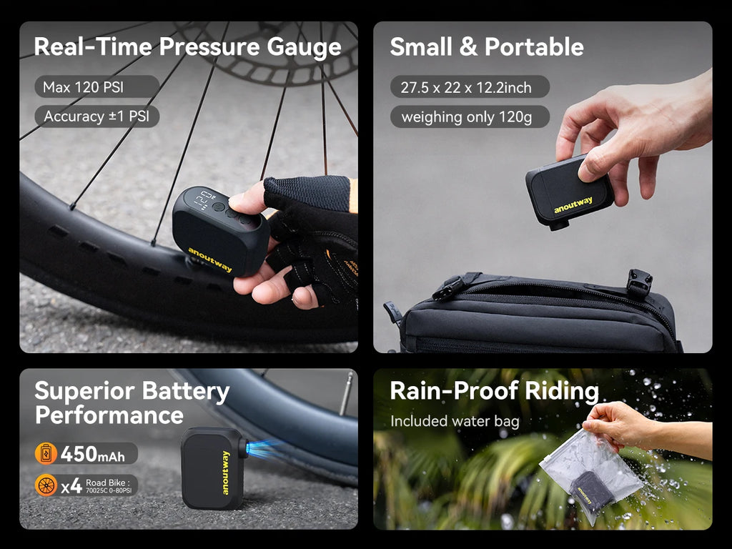 MINI POMPE ÉLECTRIQUE anoutway AT1 Pro — 120 PSI • ÉCRAN DIGITAL • RECHARGE RAPIDE 25 MIN • 450mAh — ULTRA-LÉGÈRE 125g — IDÉALE VÉLO ROUTE • VTT • URBAIN