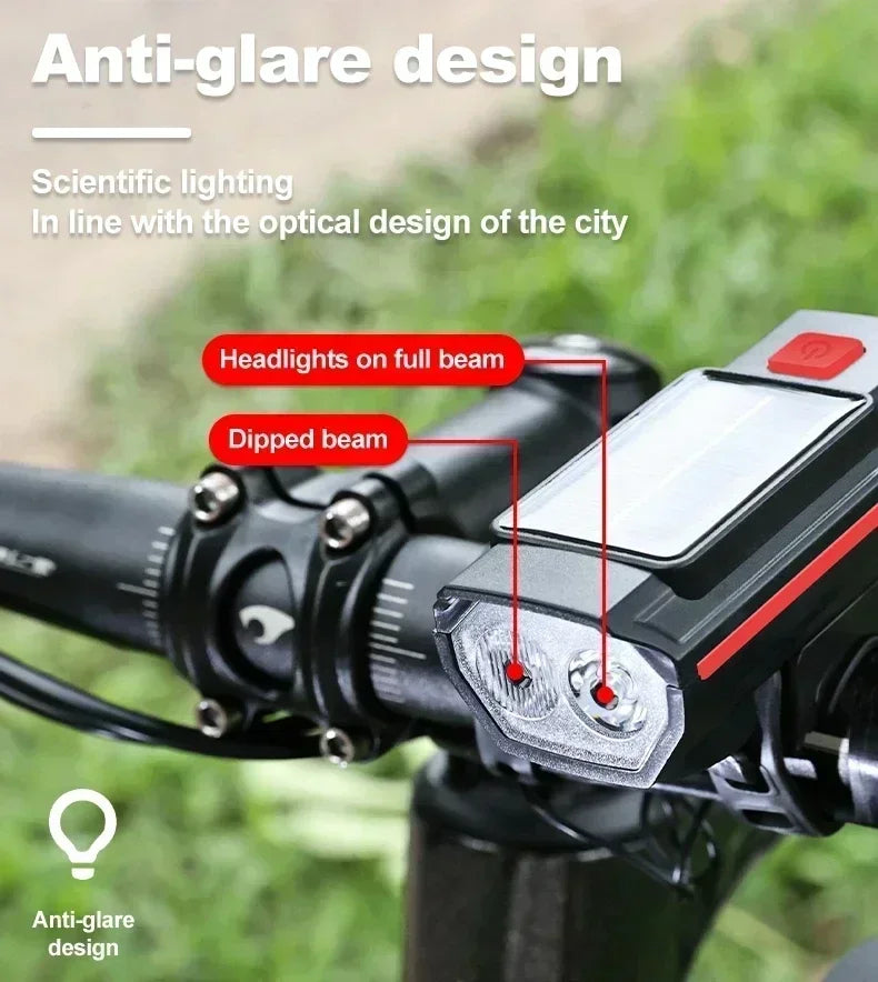 Phare Vélo 2000LM + Zoom + 4000mAh — Recharge Solaire & USB — LED COB Latérale Rouge — Étanche IPX5 — Idéal VTT, Route & Cyclotourisme