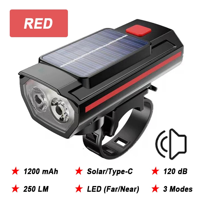 Phare Vélo 2000LM + Zoom + 4000mAh — Recharge Solaire & USB — LED COB Latérale Rouge — Étanche IPX5 — Idéal VTT, Route & Cyclotourisme