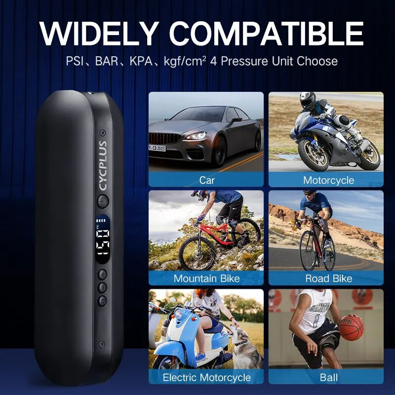 COMPRESSEUR D’AIR INTELLIGENT CYCPLUS A2 — 150 PSI • ÉCRAN DIGITAL • BATTERIE 5200mAh • RECHARGE USB-C — IDÉAL VÉLO • VOITURE • MOTO • BALLONS