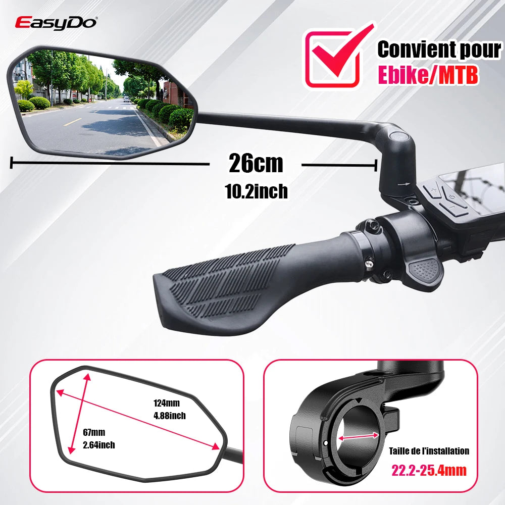 Rétroviseur Vélo EasyDo — Bras Télescopique 360° Rotatif — Compatible VTT, Route, VAE — Installation Rapide sur Guidon — Vision Arrière Sécurisée