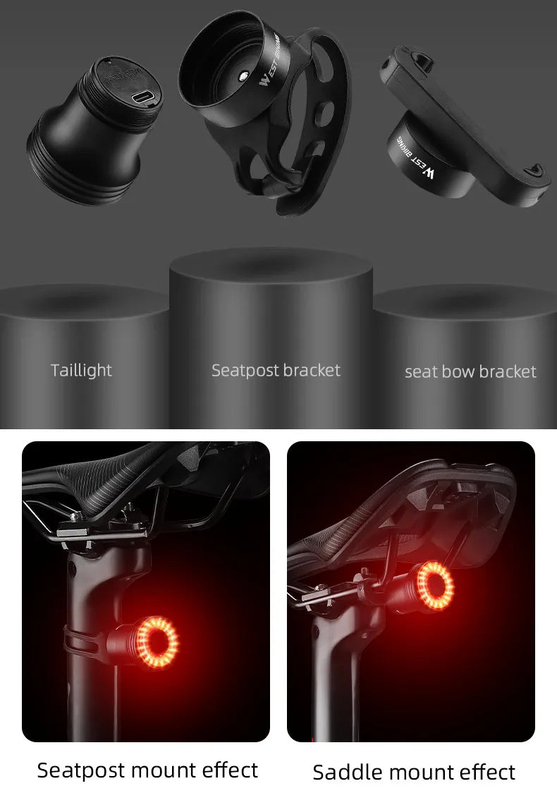 Feu Arrière Vélo WEST BIKING — Détection Intelligente du Mouvement — Recharge USB-C — IPX6 Étanche — Clignotant Sécurité pour VTT & Route