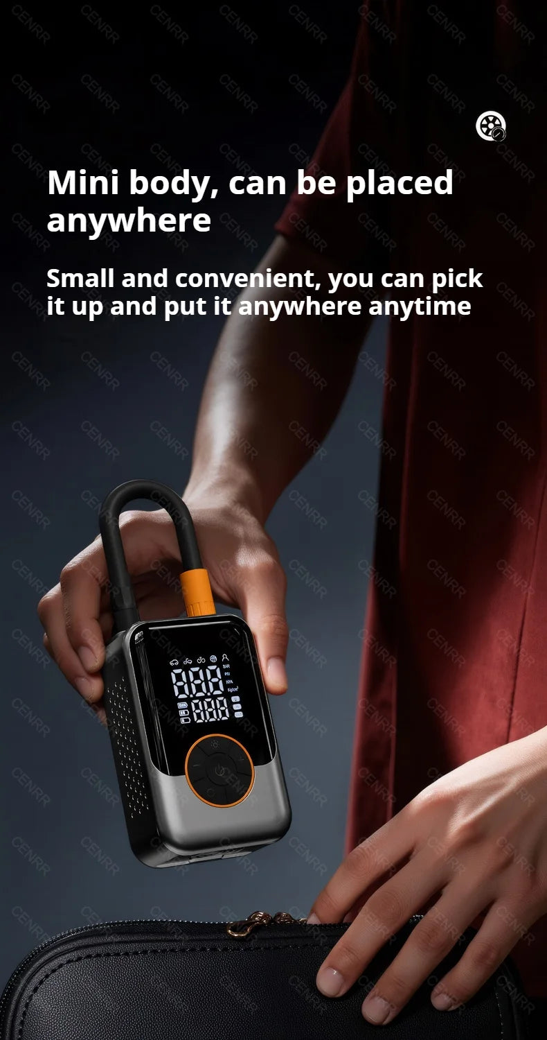 COMPRESSEUR D’AIR SANS FIL CENRR — 150 PSI • ÉCRAN LCD • RECHARGEABLE USB-C + ALLUME-CIGARE (Pro DC) • 3 MODES LUMIÈRE — IDÉAL VÉLO