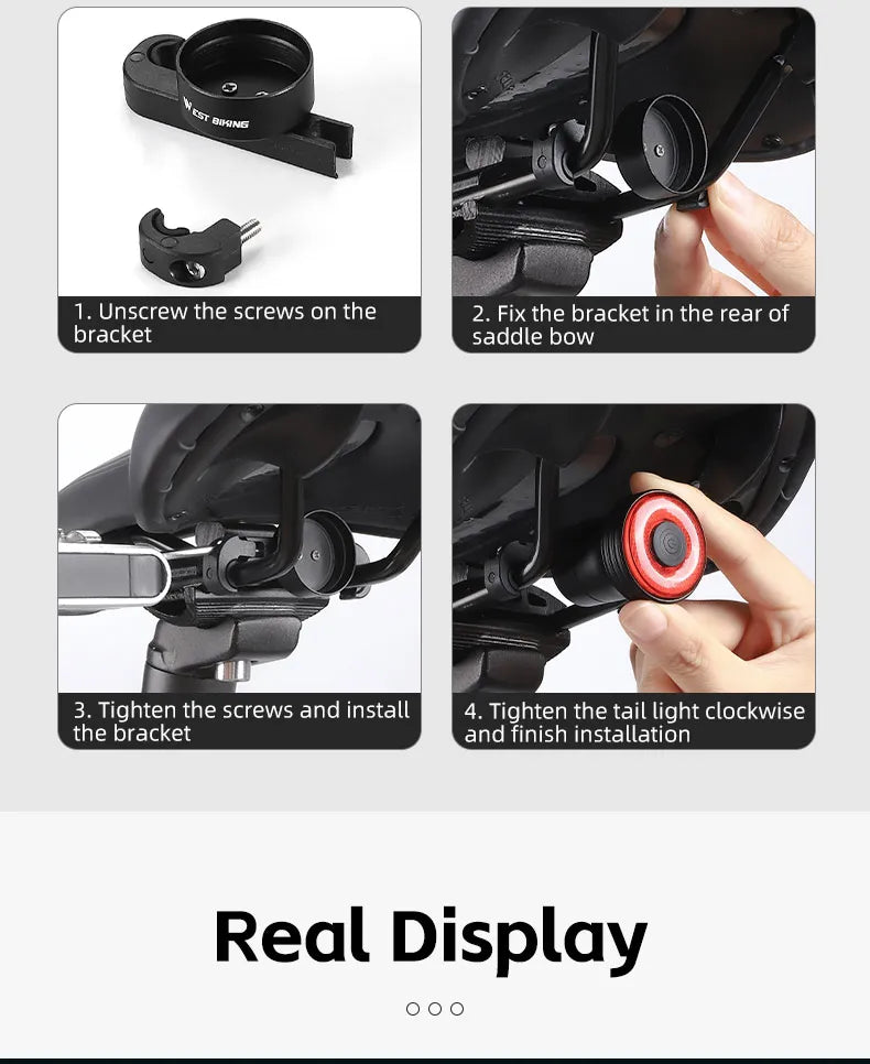 Feu Arrière Vélo WEST BIKING — Détection Intelligente du Mouvement — Recharge USB-C — IPX6 Étanche — Clignotant Sécurité pour VTT & Route