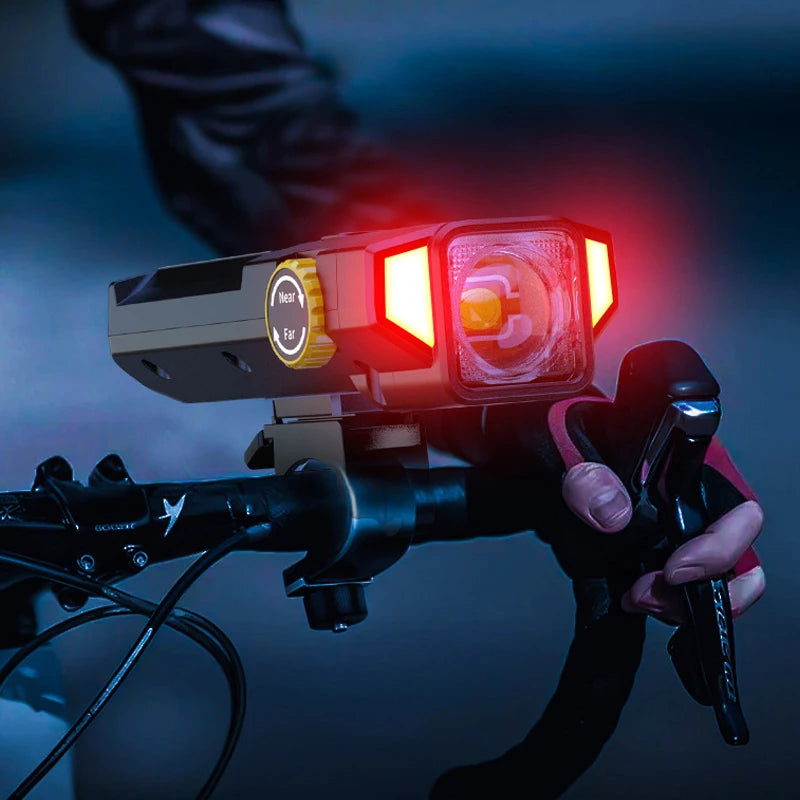 Phare Vélo 2000LM + Zoom + 4000mAh — Recharge Solaire & USB — LED COB Latérale Rouge — Étanche IPX5 — Idéal VTT, Route & Cyclotourisme