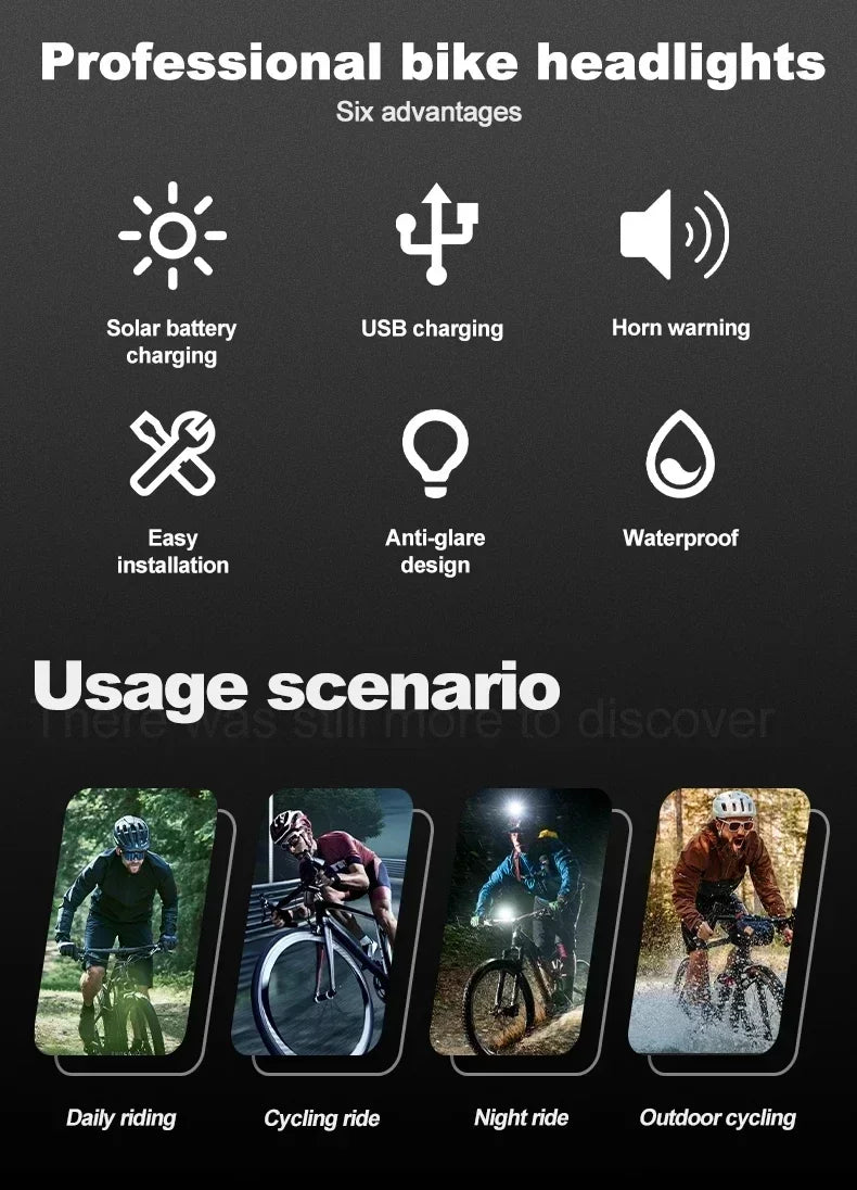 Phare Vélo 2000LM + Zoom + 4000mAh — Recharge Solaire & USB — LED COB Latérale Rouge — Étanche IPX5 — Idéal VTT, Route & Cyclotourisme