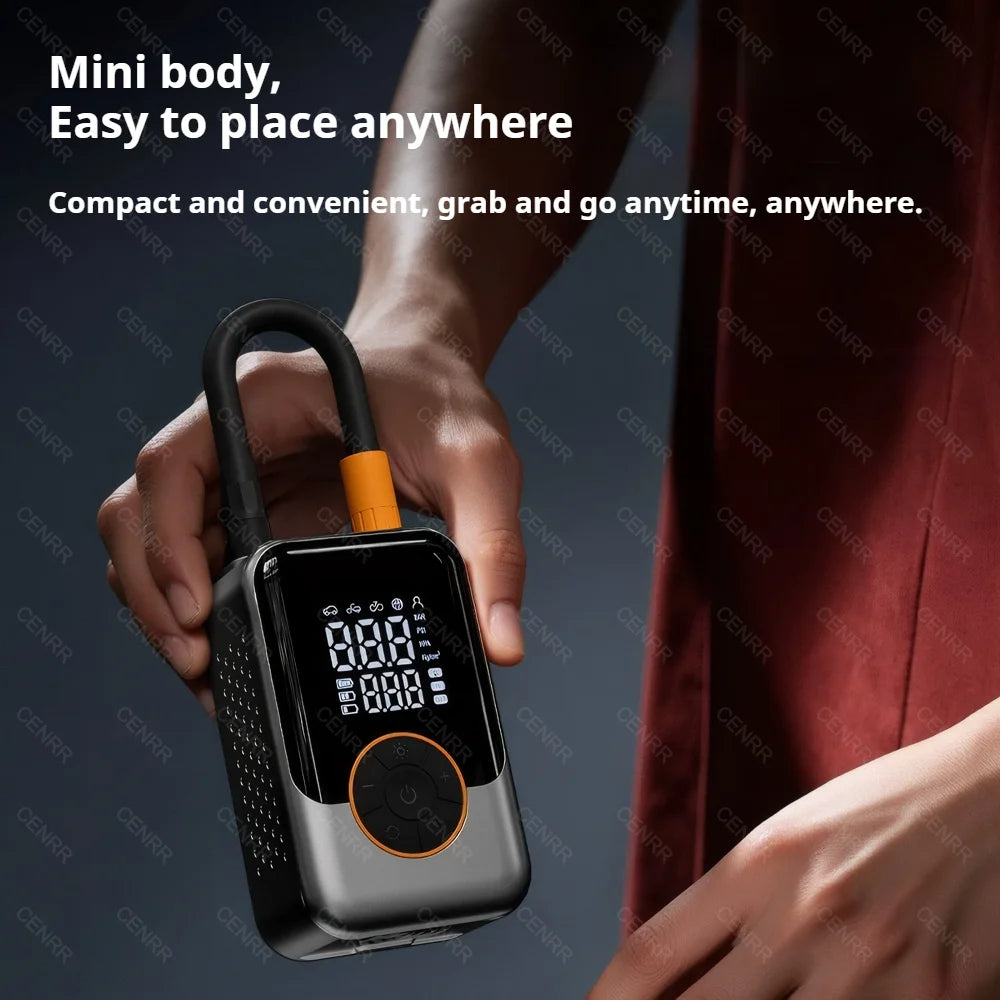 COMPRESSEUR D’AIR SANS FIL CENRR — 150 PSI • ÉCRAN LCD • RECHARGEABLE USB-C + ALLUME-CIGARE (Pro DC) • 3 MODES LUMIÈRE — IDÉAL VÉLO