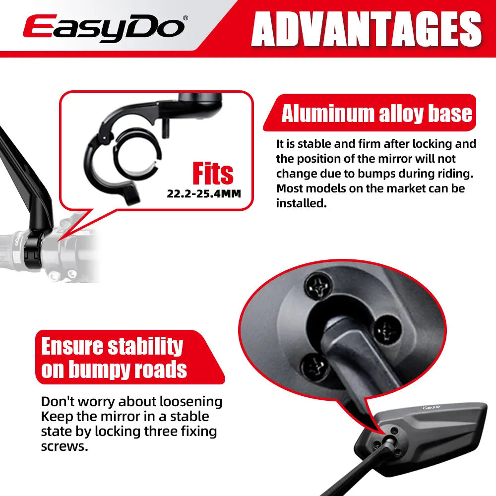 Rétroviseur Vélo EasyDo — Bleu, Réglable 360° — Verre Large Anti-Angle Mort — Compatible Vélo & Moto Légère — Installation Rapide sur Guidon