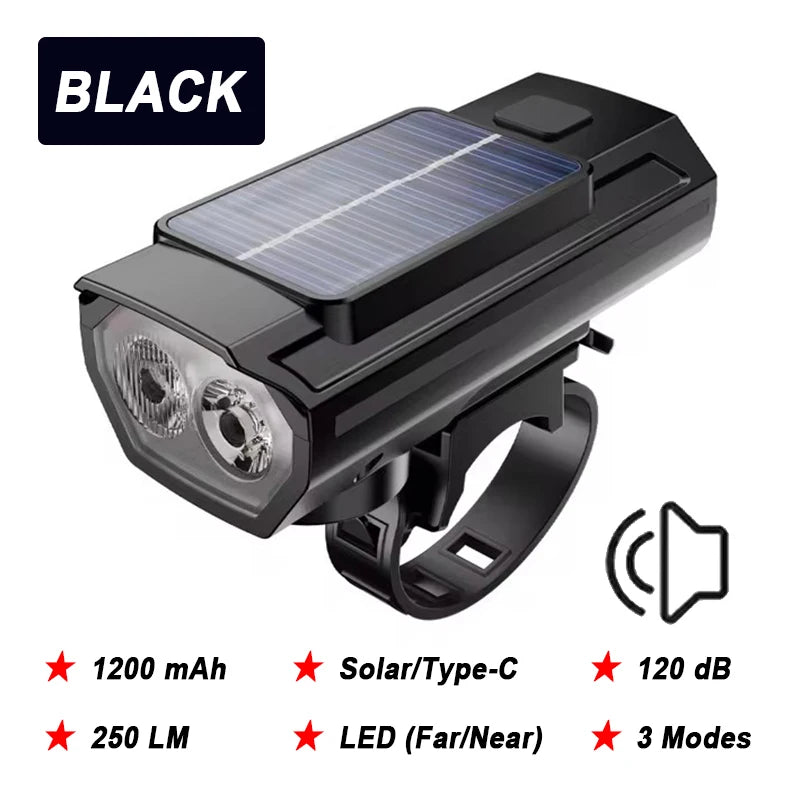 Phare Vélo 2000LM + Zoom + 4000mAh — Recharge Solaire & USB — LED COB Latérale Rouge — Étanche IPX5 — Idéal VTT, Route & Cyclotourisme