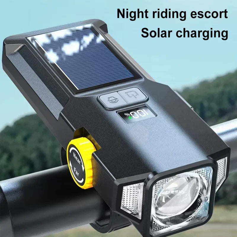 Phare Vélo 2000LM + Zoom + 4000mAh — Recharge Solaire & USB — LED COB Latérale Rouge — Étanche IPX5 — Idéal VTT, Route & Cyclotourisme