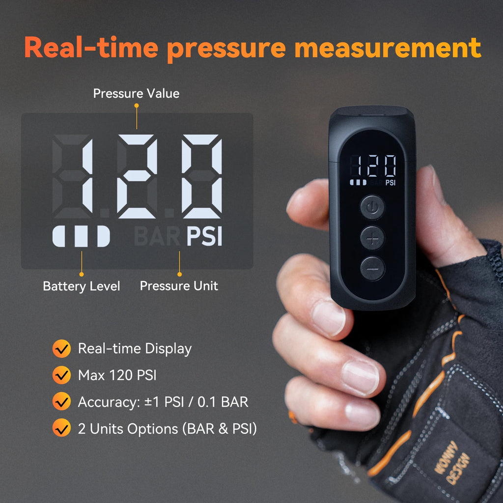 MINI POMPE ÉLECTRIQUE anoutway AT1 Pro — 120 PSI • ÉCRAN DIGITAL • RECHARGE RAPIDE 25 MIN • 450mAh — ULTRA-LÉGÈRE 125g — IDÉALE VÉLO ROUTE • VTT • URBAIN