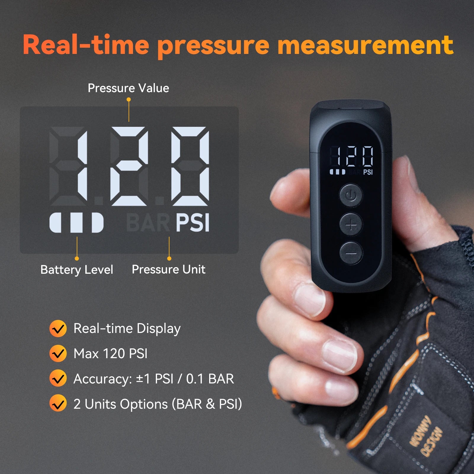 MINI POMPE ÉLECTRIQUE anoutway AT1 Pro — 120 PSI • ÉCRAN DIGITAL • RECHARGE RAPIDE 25 MIN • 450mAh — ULTRA-LÉGÈRE 125g — IDÉALE VÉLO ROUTE • VTT • URBAIN