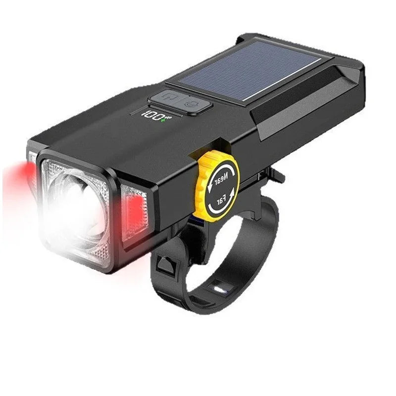 Phare Vélo 2000LM + Zoom + 4000mAh — Recharge Solaire & USB — LED COB Latérale Rouge — Étanche IPX5 — Idéal VTT, Route & Cyclotourisme