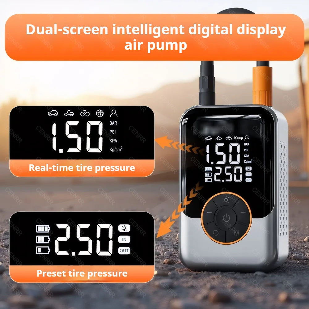 COMPRESSEUR D’AIR SANS FIL CENRR — 150 PSI • ÉCRAN LCD • RECHARGEABLE USB-C + ALLUME-CIGARE (Pro DC) • 3 MODES LUMIÈRE — IDÉAL VÉLO