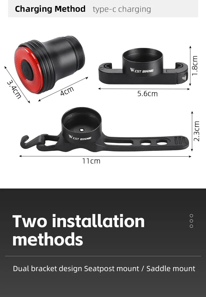 Feu Arrière Vélo WEST BIKING — Détection Intelligente du Mouvement — Recharge USB-C — IPX6 Étanche — Clignotant Sécurité pour VTT & Route