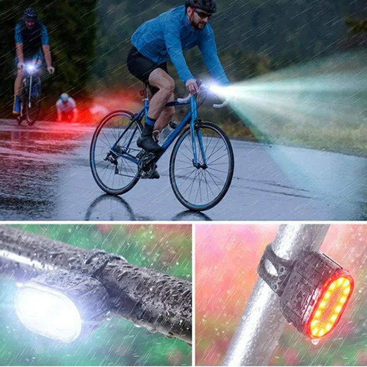 Kit Feux Vélo LED Rechargeables USB — Avant & Arrière — IPX5 Étanche, 6 Modes, 12h Autonomie — Idéal VTT, Route, Ville & Promenade de Chien